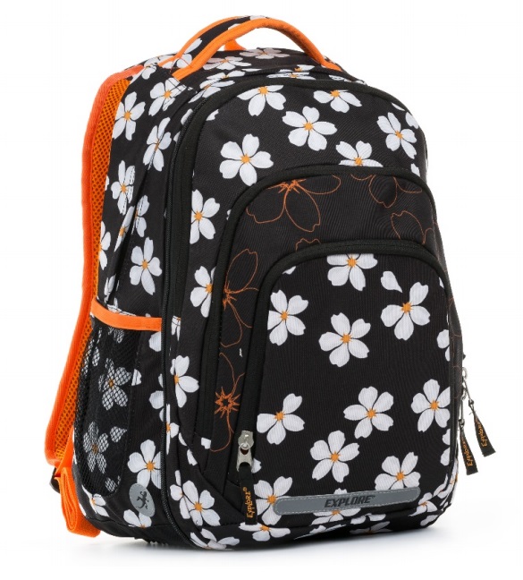 Seljakott/koolikott Explore 2-ühes Bar valged lootusõied mustal taustal