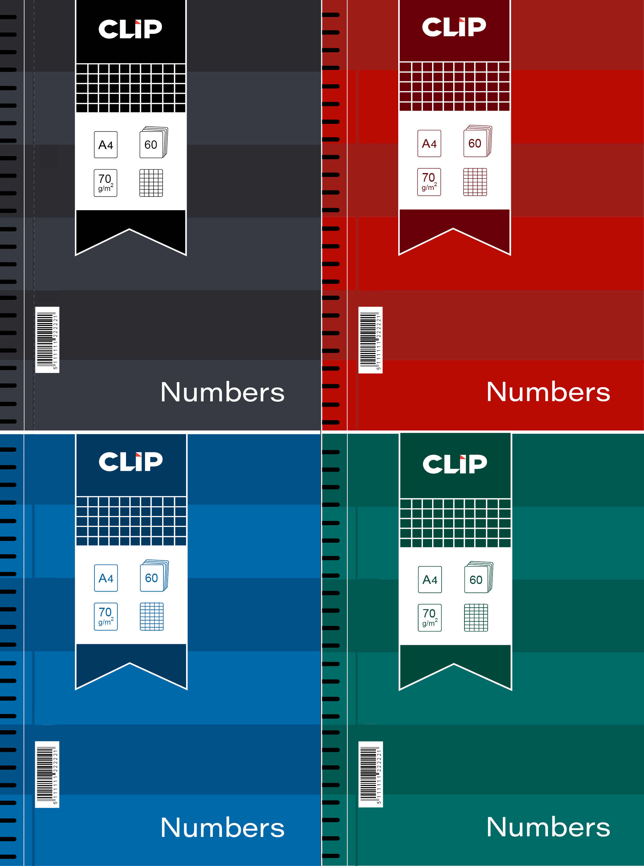 Spiraalkaustik A4/60l ruut ''Numbers'' 70g värvivalik, Clip