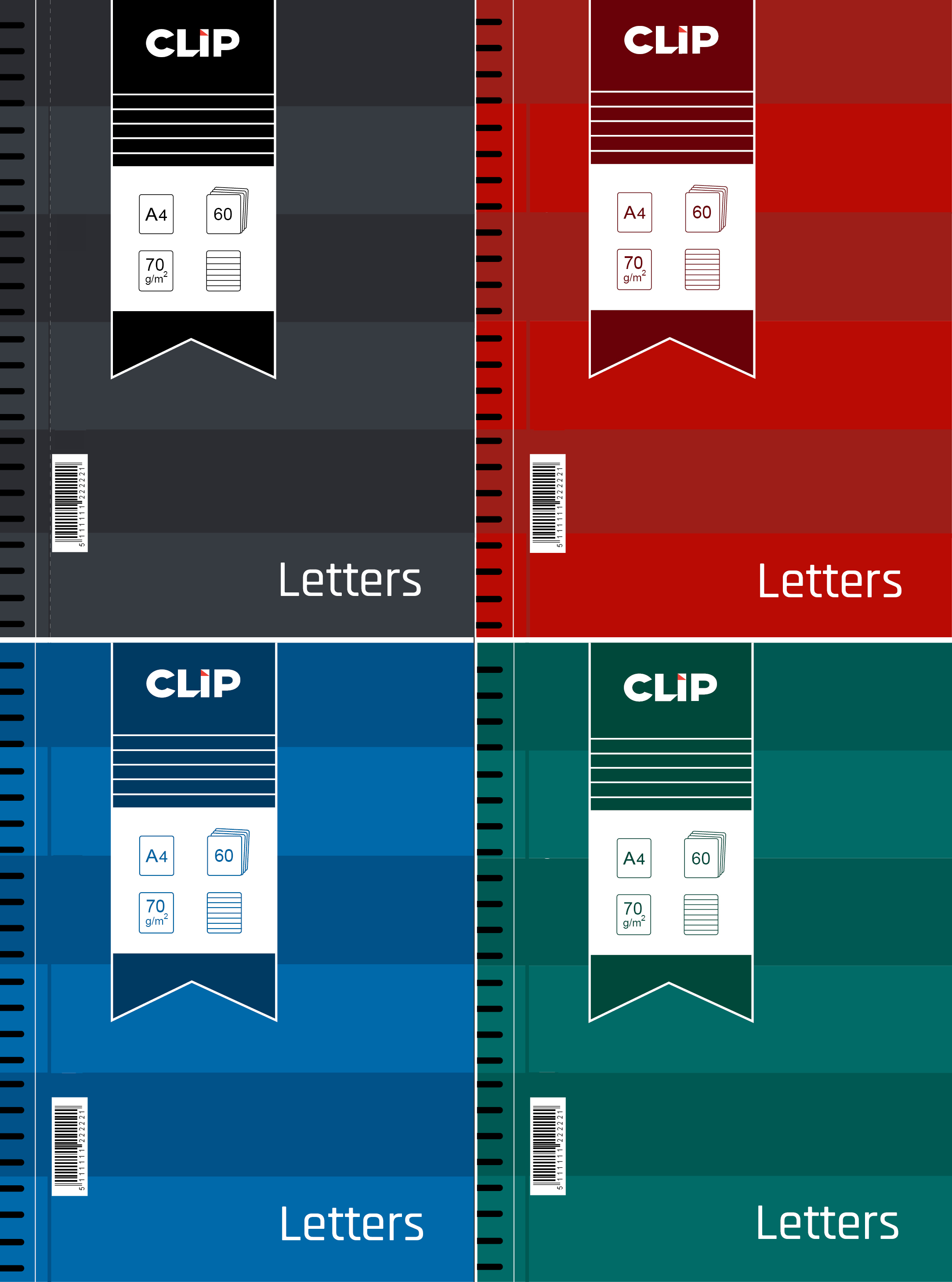 Spiraalkaustik A4/60l joon ''Letters'' 70g värvivalik, Clip