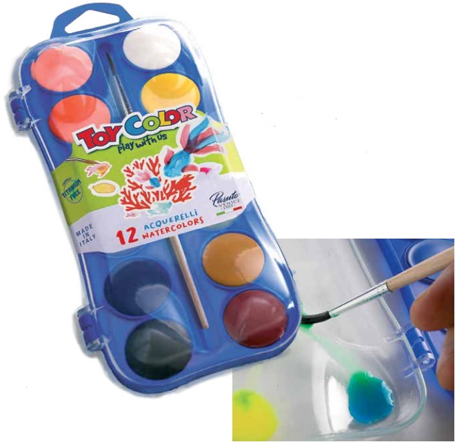 Vesivärvid 12v +pintsel kaanel segamisalus, Toy Color /12/72