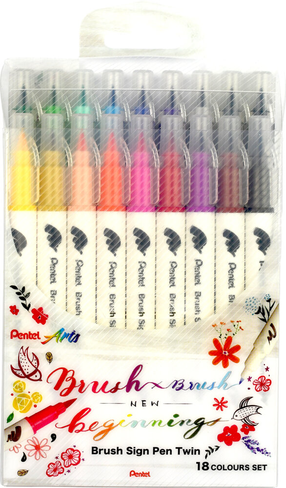 Pintselpliiatsite komplekt Brush Sign Pen Twin 18 värvi kahepoolse pintselotsaga, Pentel