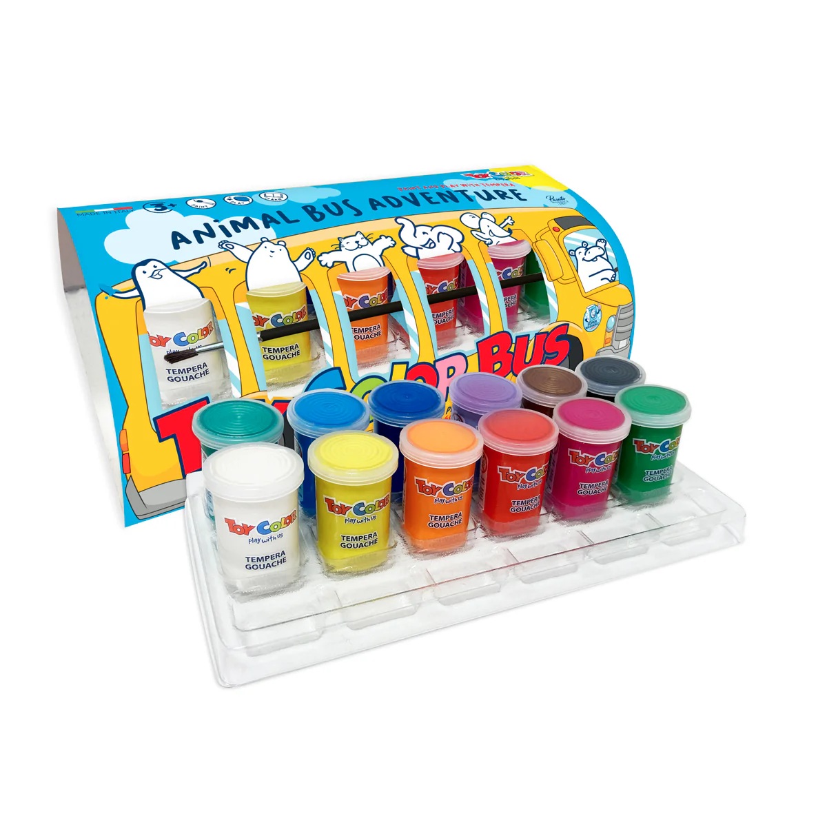 Guaššvärvide komplekt ''Buss'' (Animal Adventure) 12 värvi x 25ml + pintsel, segamisalusel, Toy Color /12