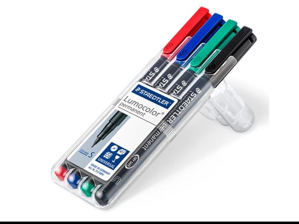 Permanentmarkerite Lumocolor S 0,4mm 4 värviline komplekt plastpinalis, Staedtler