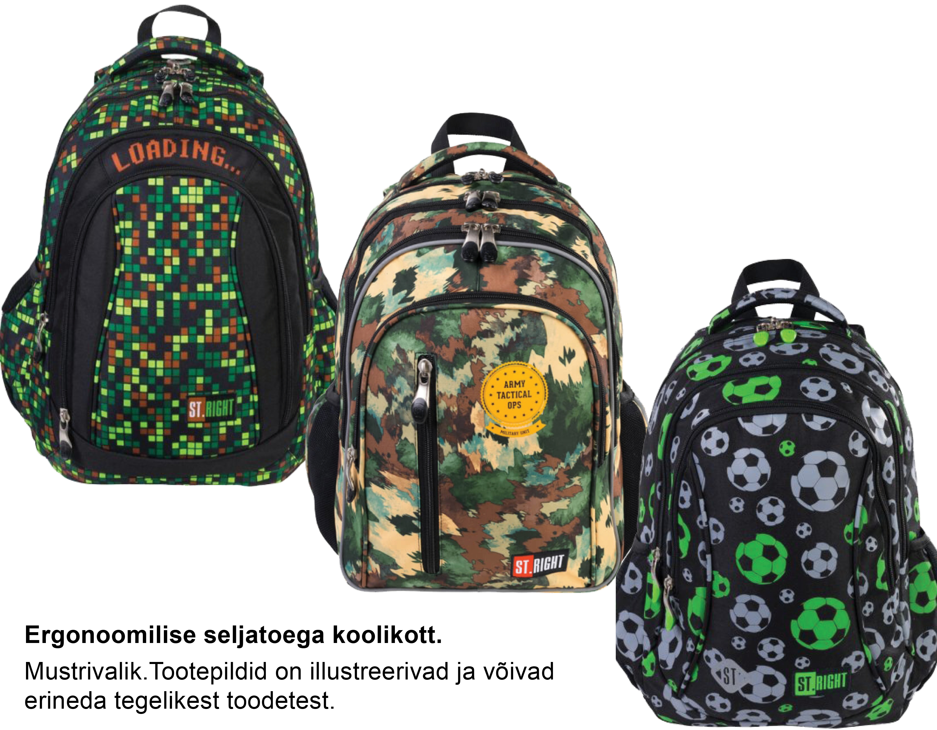 Seljakott St.Right ergonoomilise ventileeruvast materjalist seljatoestusega, poiste disainid