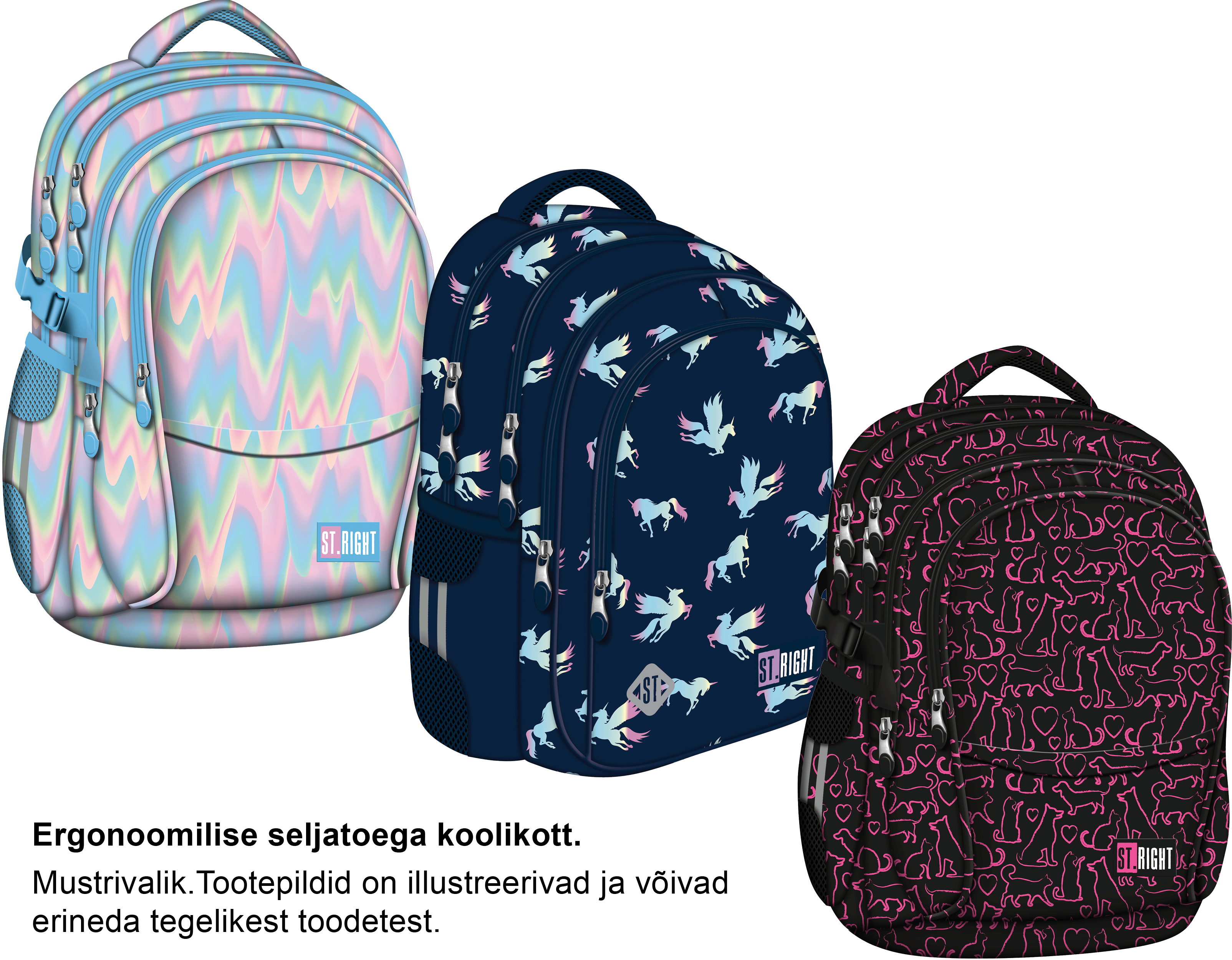 Seljakott St.Right ergonoomilise ventileeruvast materjalist seljatoestusega, tüdrukute disainid