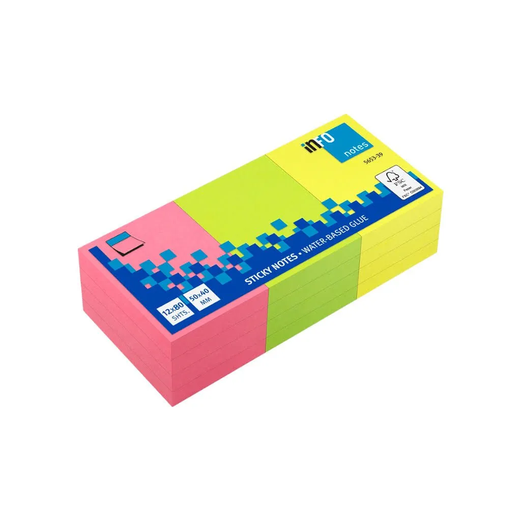 Märkmepaber liimiga neoonvärvid mix, 80 lehte pakis, 3 värvi x 4 pakki, 40x50mm, InfoNotes