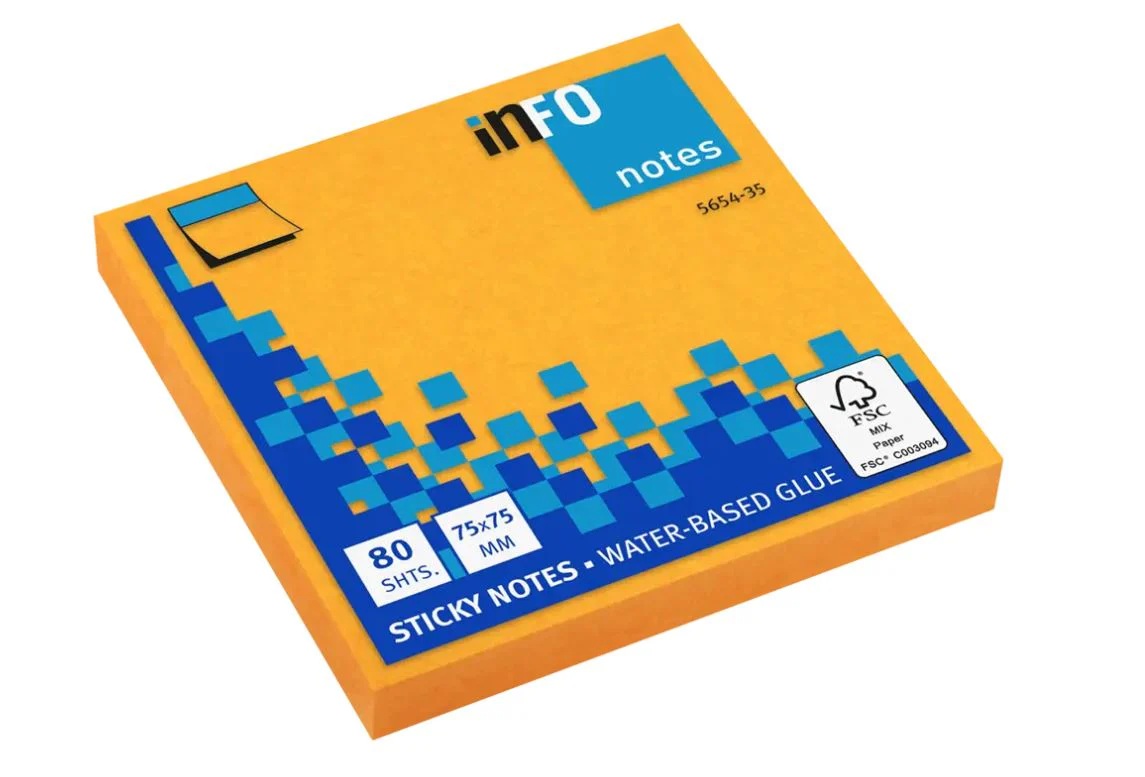 Märkmepaber liimiga Info Notes 80lehte, 75x75mm neoonoranz /12/120