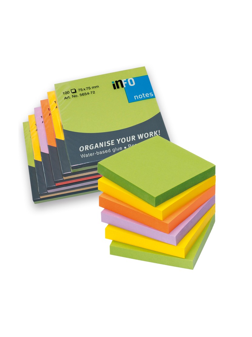 Märkmepaber liimiga "Kevad värvid", 100 lehte pakis, plokis 6 värvi 75x75mm, InfoNotes