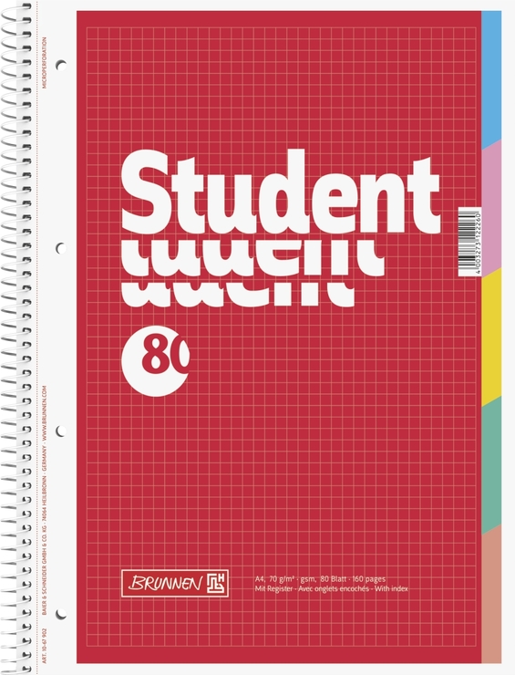 Spiraalkaustik A4/80l ruut ''Student'', 5 registrit, 70g ,Brunnen/5